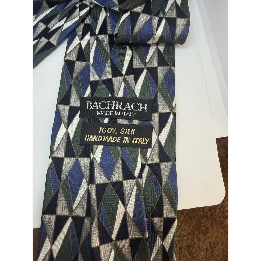 Bachrach Mens Silk Tie Handmade Italy Geometric Diamond Green Blue Grey Wide 4in